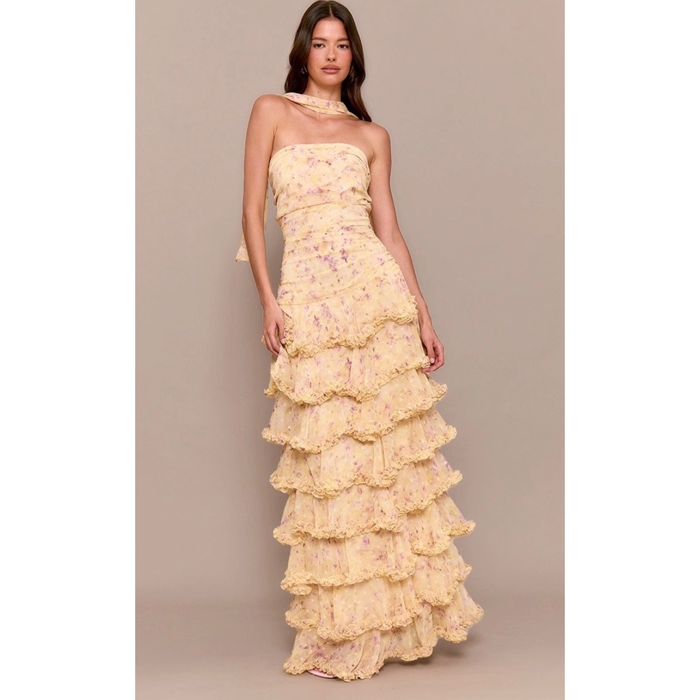 PrettyLittleThing Yellow Chiffon Ditsy Floral Tiered Frill Maxi Dress US 4 NEW
